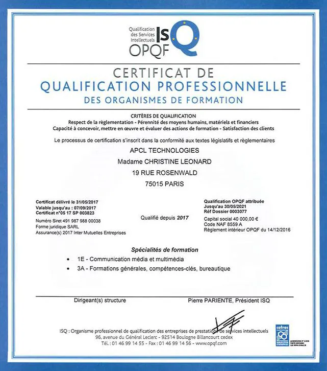 Apcl reçoit la qualification OPQF